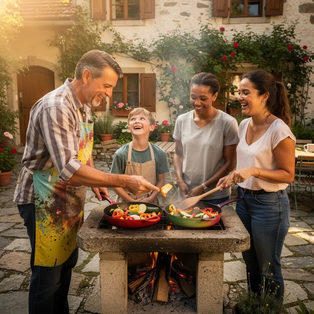 Eine Gruppe von Teilnehmern, die konzentriert an einem Kochprojekt arbeitet, um die Geheimnisse von Familienrezepten zu entdecken.