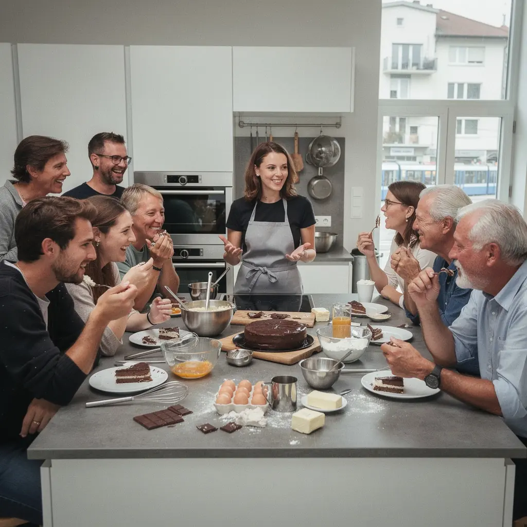 Ein Koch, der den Teilnehmern in einem Kochkurs zeigt, wie man einfache und schmackhafte Alltagsgerichte zubereitet.