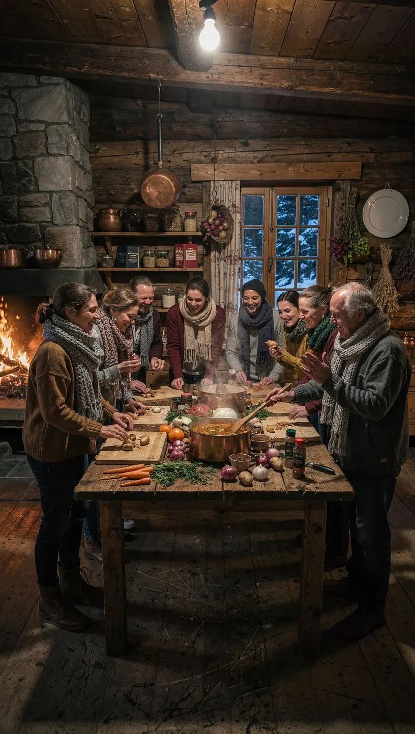 Eine Gruppe von Teilnehmern, die begeistert an einem Herd stehen und ihre eigenen Gerichte kreieren.