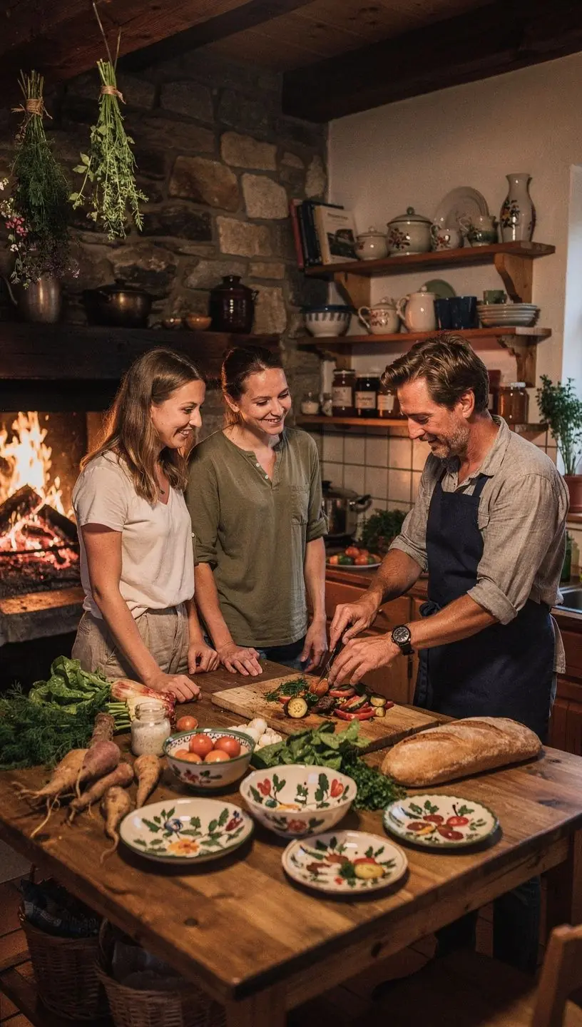Ein gedeckter Tisch mit verschiedenen, frisch zubereiteten Gerichten, die in einer entspannten Atmosphäre präsentiert werden.