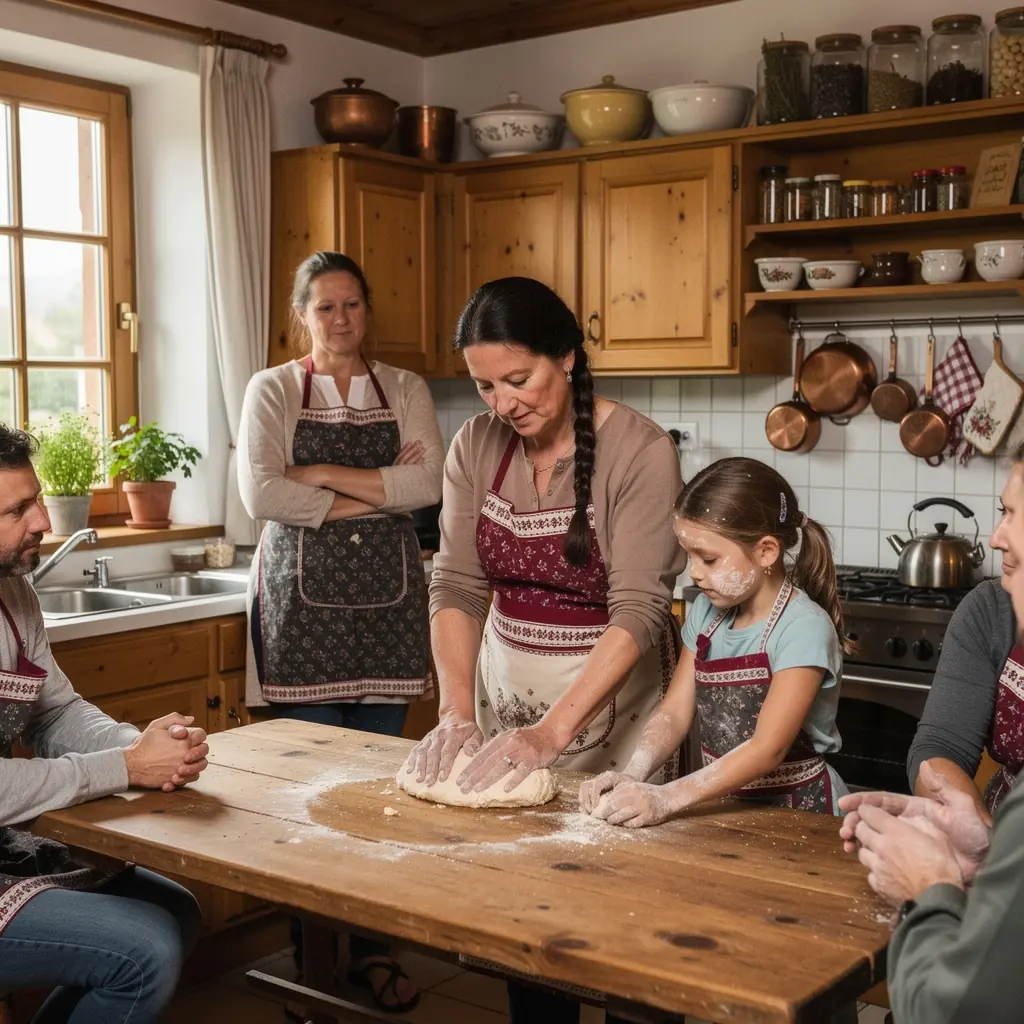 Ein fröhlicher Kochkurs mit Familienmitgliedern, die gemeinsam traditionelle österreichische Gerichte zubereiten.
