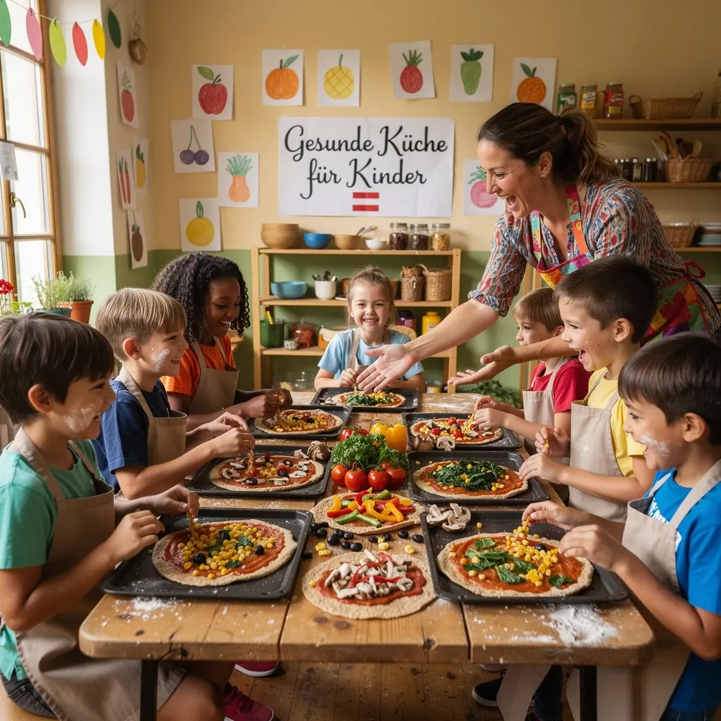 Eine Gruppe von Familienmitgliedern, die gemeinsam in einer modernen Küche traditionelle österreichische Rezepte zubereiten.