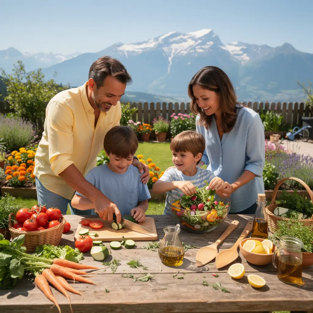 Ein Kochkurs, in dem eine Familie gemeinsam traditionelle österreichische Rezepte zubereitet.
