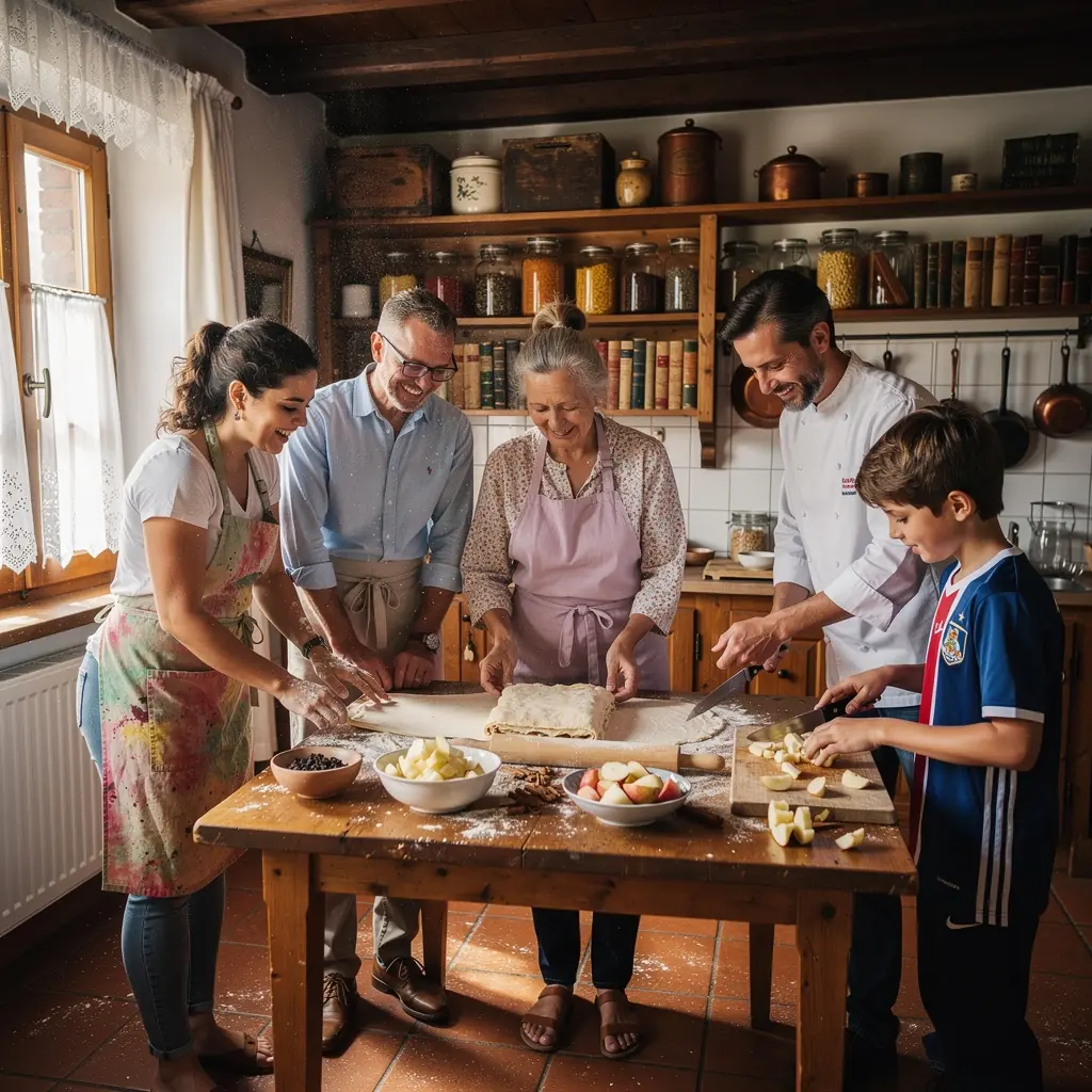Teilnehmer eines Kurses schneiden frisches GemГјse und diskutieren Гјber Kochtechniken.