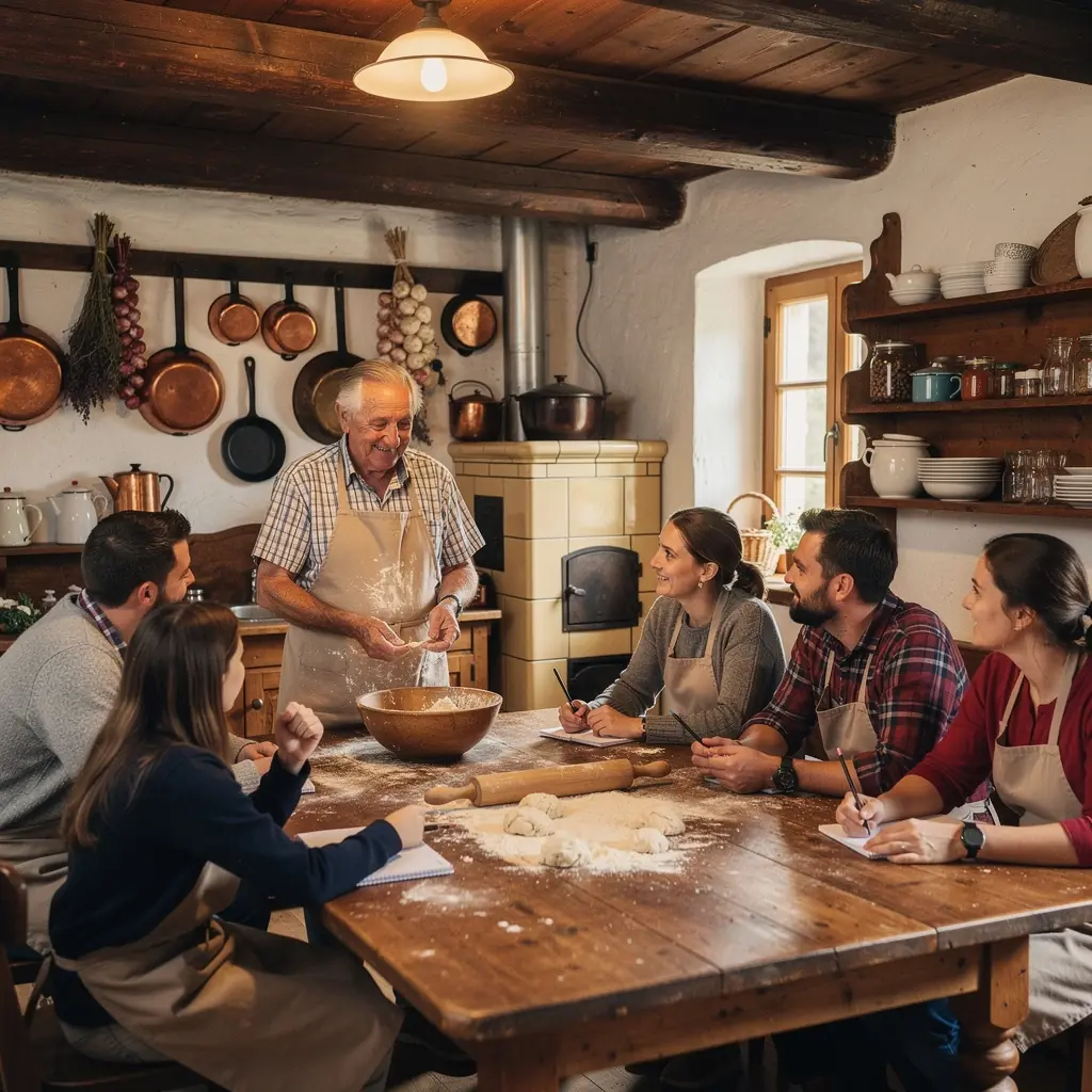 Eine Gruppe von Teilnehmern, die voller Freude verschiedene Zutaten in einer modernen Küche vorbereiten.