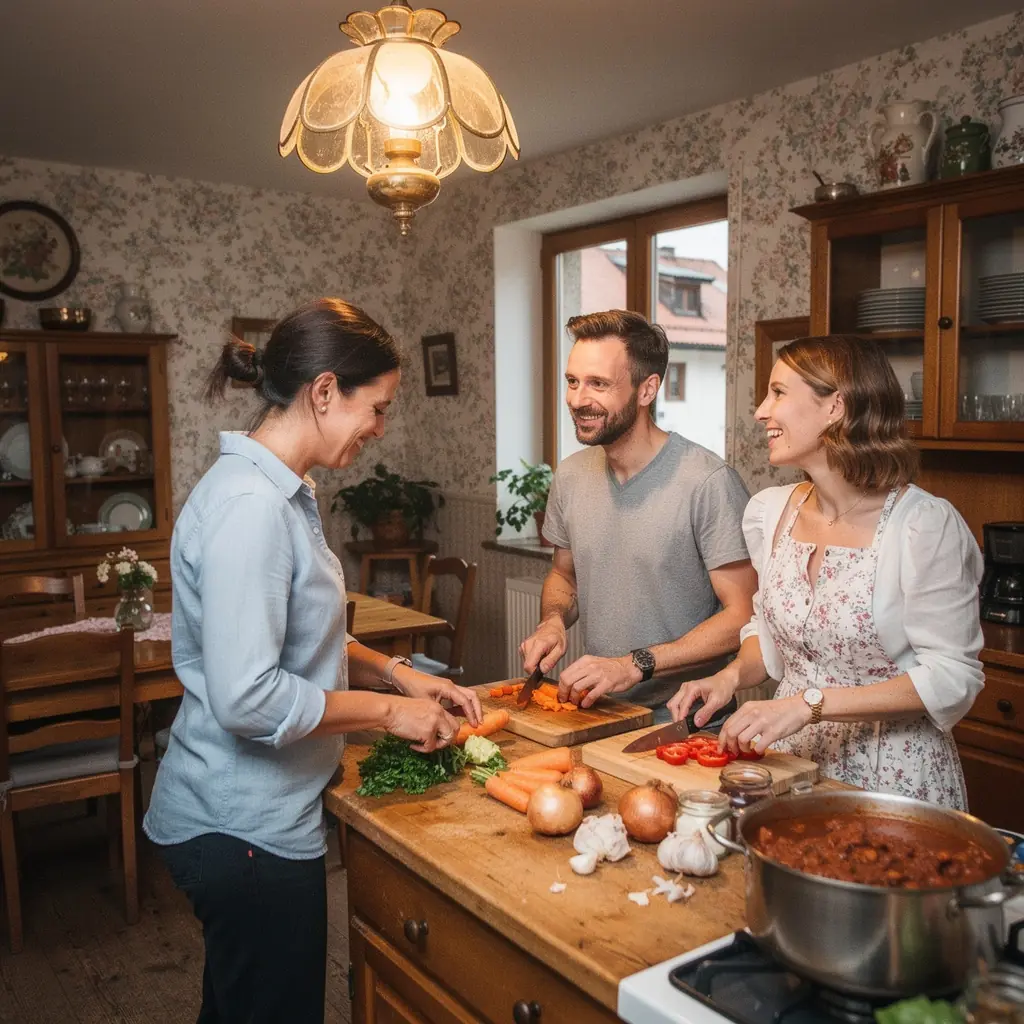 Ein Kind, das mit Begeisterung beim Kochen hilft und ein Rezeptbuch studiert.